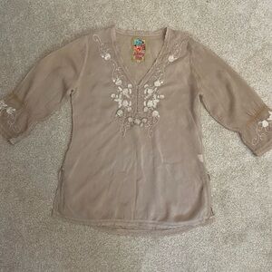 Johnny Was Taupe Embroidered Blouse